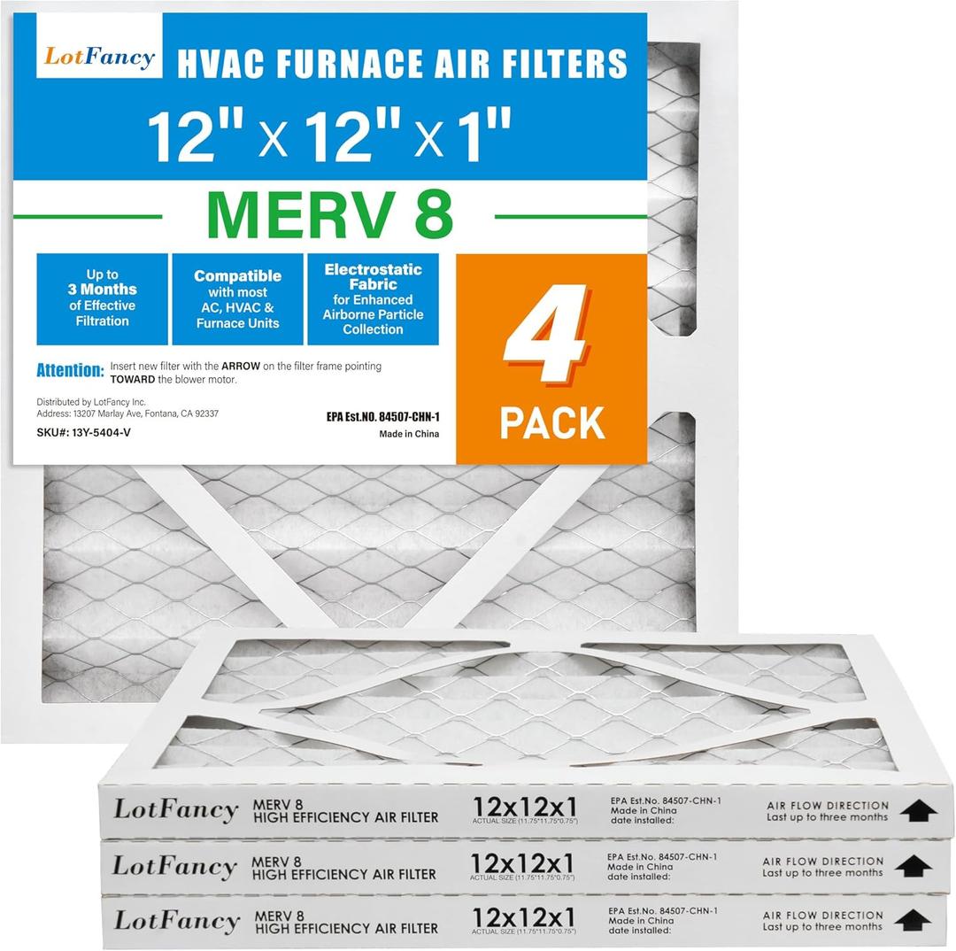 LotFancy 12x12x1 Air Filter MERV 8 Dust Defense (4-Pack) Pleated HVAC Furnace Air Filters, Replacement for Home AC & Heating Systems, Actual Size: 11.75" x 11.75" x 0.75"