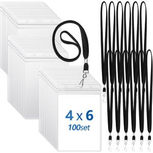 Chuangdi 100 Pcs Large 4 x 6 Inch Clear ID Badge Holder with Lanyard Waterproof Vertical Badge ID Card Holders Clear Plastic Tags Transparent PVC Pouch for Office (Black Lanyard)