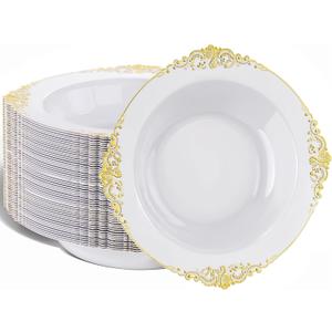 Nervure 50 Pack White Plastic Bowls with Gold Rim - 12oz Disposable Soup Bowls - Heavy Duty Dessert Bowl, Salad Bowl Perfect for Weddings, Parties, Mothers Day