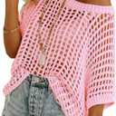 Dokotoo Womens Summer Scoop Neck Short Sleeve Sweater Casual Crochet Hollow Out Knit Tops Pullover Shirts Beach Coverup (Medium, Pink)