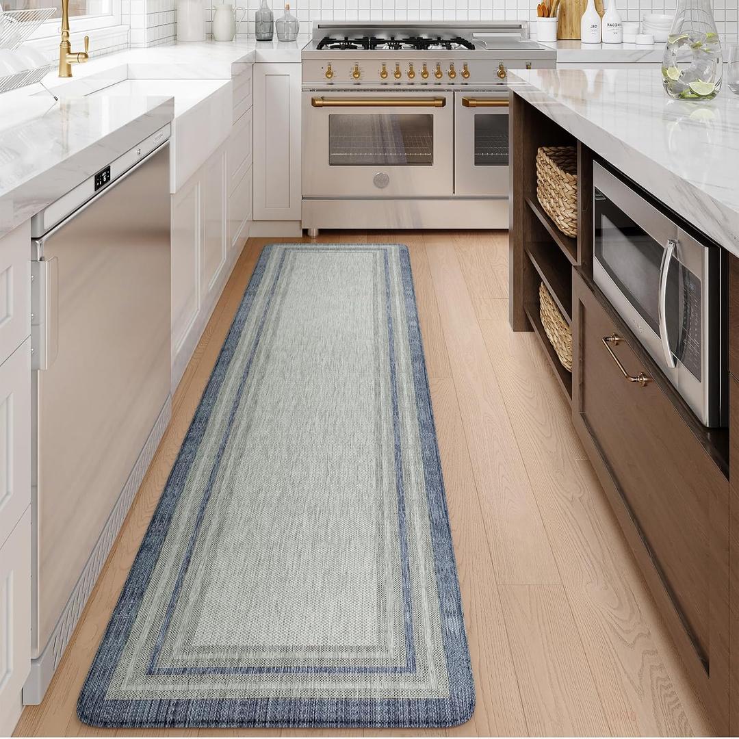 KIMODE Anti Fatigue Kitchen Mats 20"x71", Farmhouse Kitchen Rug Non Slip, Memory Foam Kitchen Floor Mats, Comfort Waterproof Kitchen Mat for Front of Sink Laundry Desk Bedroom Blue and Grey