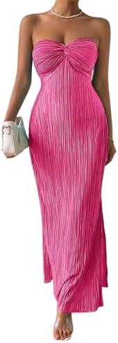 LIGHT DOT Women's Summer Dress Plisse Maxi Tube Bodycon Dress Back Tie Beach Resort Vacation,M