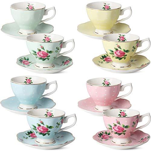 BTaT- Floral Tea Cups and Saucers Set of 7 (8 oz), Porcelain Tea Cup Sets, Assorted Colors with Gold Trim & Gift Box, Dishwasher Safe