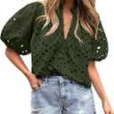 BETTE BOUTIK Women's Long Short Sleeve Tops 2025 Dressy Casual Button Hollow Out Lace Embroidered Blouses Shirts (Green, XXL)