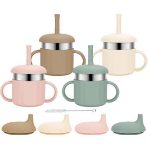 Baby Sippy Cups, 7.4 Oz Stainless Steel Training Cup with Silicone Straws, 3 Stages for Infants Toddlers 6-12 Month and Kids 1-3 Year, 4 Colors (Pink+Green+Beige+Brown)