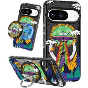 Cute for Google Pixel 9 Pro/9 Case - Compatible with Magsafe Magnetic Ring Holder Stand Kickstand for Women Girls Girly Funny Fashion TPU Phone Case, UFO Alien