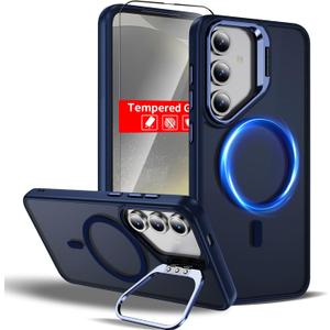 Samsung Galaxy S24 Plus Case Magnetic Compatible with MagSafe Support Wireless Charger,Built-in Camera Cover Kickstand+with Screen Protector,Military Grade Full Phone Protection Grey Blue