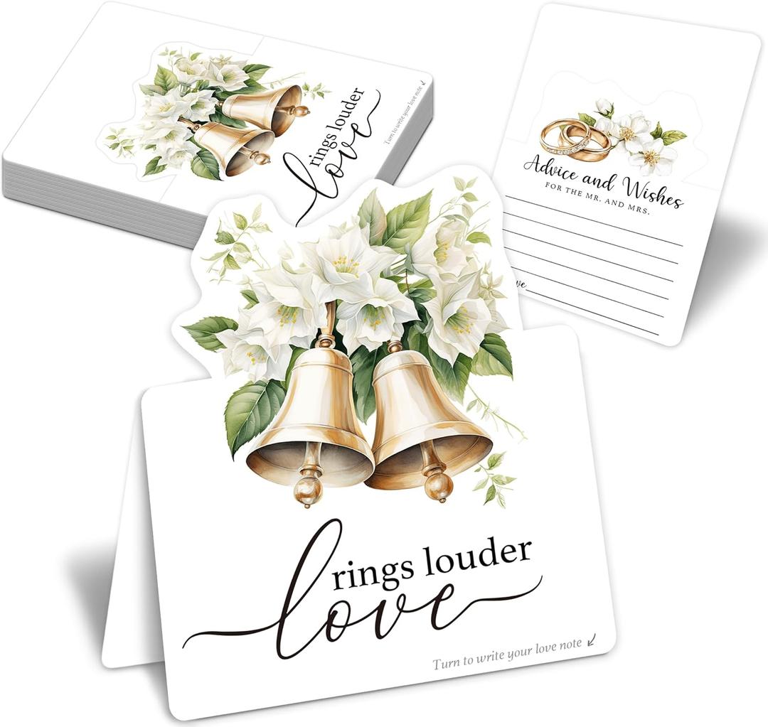 2 x 50Pcs 3D Christmas Wedding Table Decor Cards - Advice and Wishes for Mr and Mrs, Blank Guest Message Notes with Stand, Romantic Wishes Cards for Wedding Table Decor (Bells and Flowers)