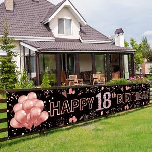 Pimvimcim 18th Birthday Decorations for Girls, Happy 18th Birthday Banner Rose Gold and Black 18 Year Old Birthday Decorations Party Supplies (9.8x1.6ft)
