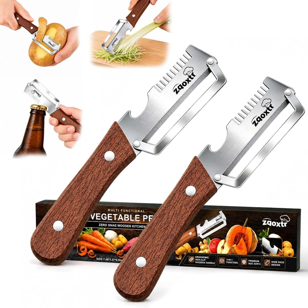 3-in-1 Multifunctional Vegetable Peeler for Kitchen, Sharp Stainless Steel Blade with Wooden Handle, Scallion Shredder and Bottle Opener Fruit and Vegetables. 2Pcs