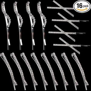 16 Pieces Rhinestone Bobby Pins, Fancy Metal Hair Clips, Crystal Shiny Barrettes, I S X Shaped Diamond Hair Accessories for Women Girls Wedding Prom Party (Silver)