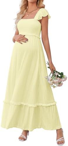 OUGES Womens 2025 Summer Maternity Photoshoot Dress Boho Maxi Smocked Baby Shower Dress Ruffle Sleeve Maternity Clothes, XL