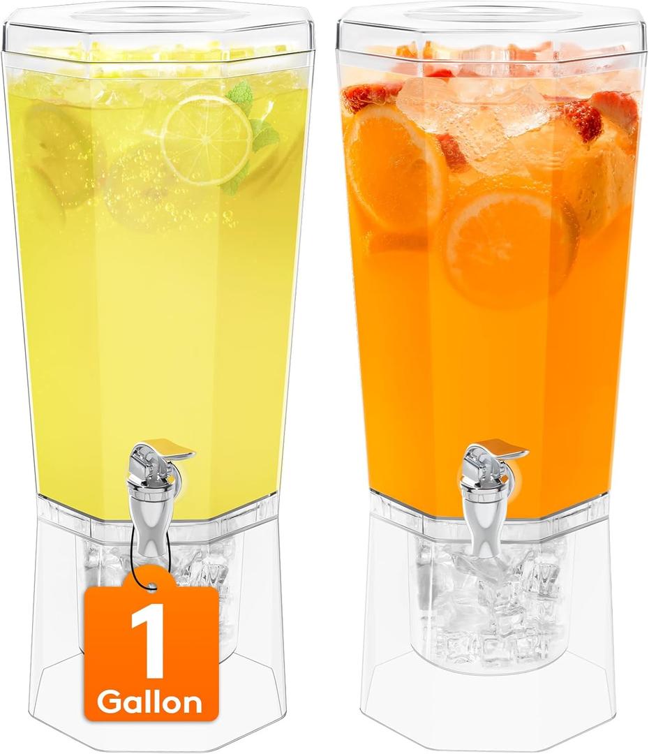 Lifewit 1 Gallon (128 OZ) Drink Dispensers for Parties 2 Pcs, 4L Plastic Beverage Containers with Stand for Juice/Tea/Soda/Water, Clear Ice Lemonade Dispensers with Lid & Leak-proof Spigot