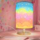 Kids Table Lamp for Bedroom, Rainbow Lamp, 3 Level Dimmable Wood Nightstand Desk Base Flaxen Fabric Shade for Bedroom Living Room,Rainbow Lamp Gifts for Girls (Colorful)
