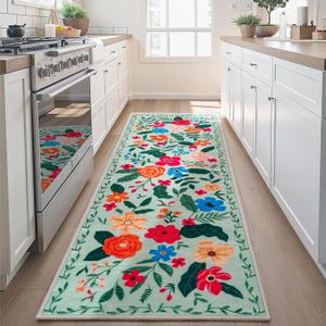 Joiedomi Hallway Runner Rug Washable 2'6''x8' Non Slip Kitchen Rug with Rubber Backing Soft Boho Floral Floor Carpet Runners for Entryway Laundry Bedroom Indoor (Green)