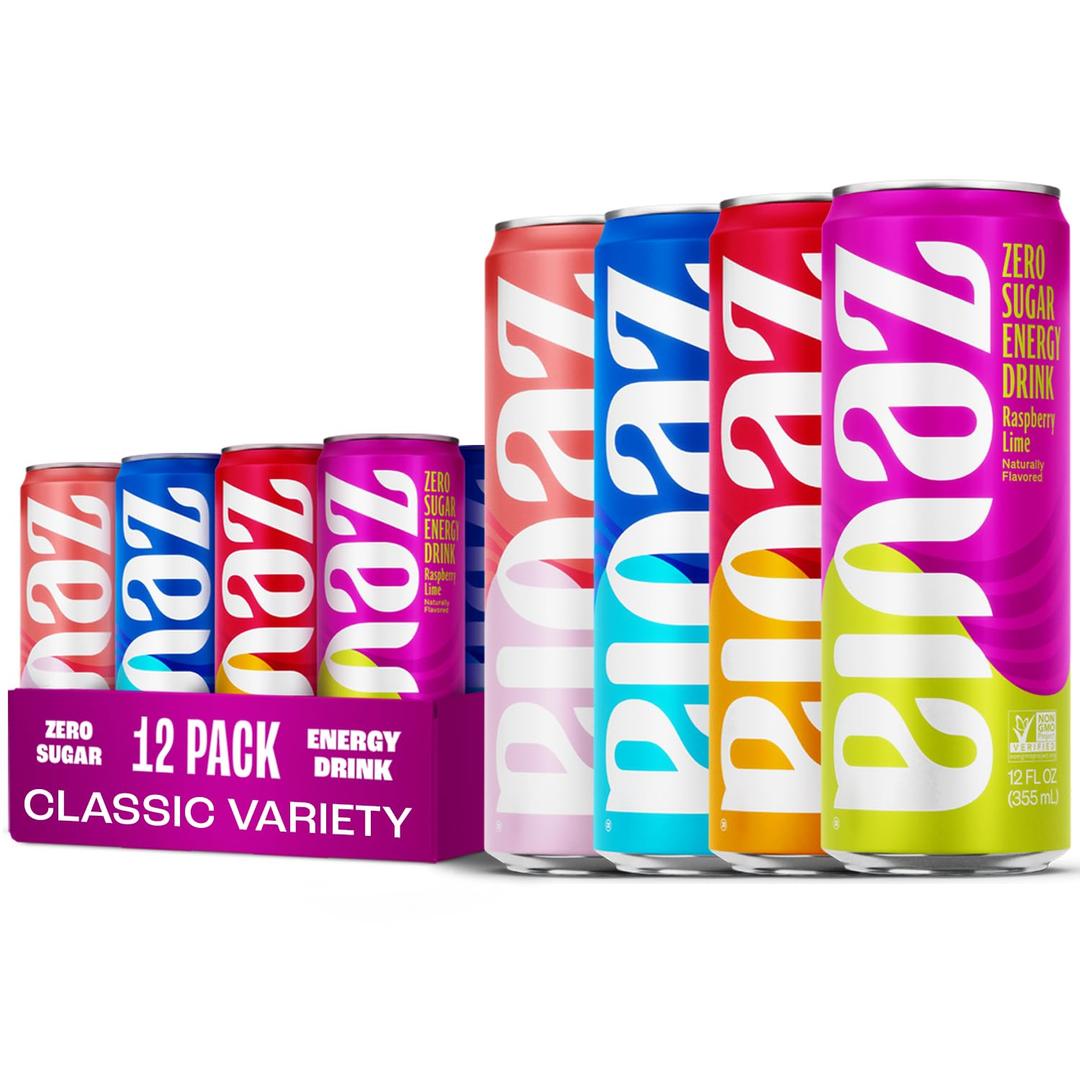Zevia Zero Sugar Energy Drink, Classic Variety Pack, 12 oz Cans (12-Pack) Naturally Sweetened, Non-GMO Project Verified, Gluten-Free, Vegan, BBD 05/31/2026