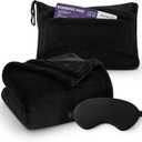Bedsure Travel Blanket Airplane Compact with Storage Bag, Packable Blanket with Eye Mask, Lightweight 2-in-1 Travel Essentials, Functioned as Pillow for Airplane Comfort and Warmth, Black (Throw)