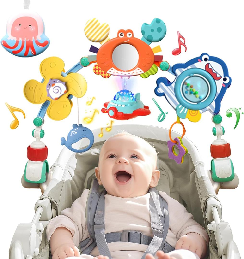 Musical Baby Stroller Arch, Travel Car Seat Toys, Baby Play Arch Crib Accessory, Mobile for Bassinet, Pram Activity Arch Bar for Babies Infants (Crab)