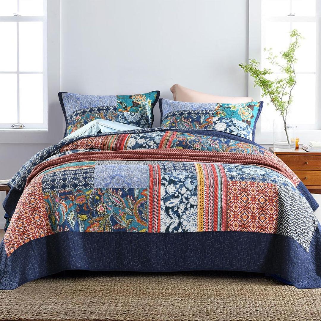 Secgo California King Quilt Size - 100% Cotton Oversized California Comforter Set Bedding Sets (120 * 110 Inch) with 2 Pillow Shams, Patchwork Reversible Lightweight Bedspread (Phoenix)