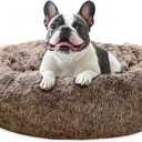 JOLLYVOGUE Medium Calming Dog Bed, Anti-Anxiety Donut Cuddler Cat Bed with Anti-Slip Bottom, Fluffy Faux Fur Machine Washable Pet Cushion for Medium Large Dog & Cat, 31"/Smoke Brown