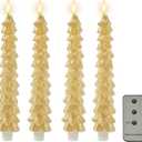DN DECONATION 4PCS Flameless Christmas Tree Candles with Remote, LED Christmas Flameless Taper Advent Candles Battery Operated, Gold Tree Shaped Fake Candle Sticks for Table Decor Window Decorations (Set of 4)
