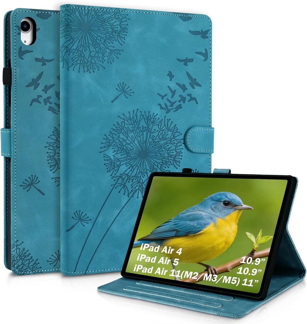 ipad air 4th/5th generation case(10.9"), Compatible with iPad Air 11 inch Case(M2/M3/M5, 11"), Dandelion Cover with Kickstand for Pencil Holder, Magnetic Closure and Precise Cutouts Leather Cover Blue
