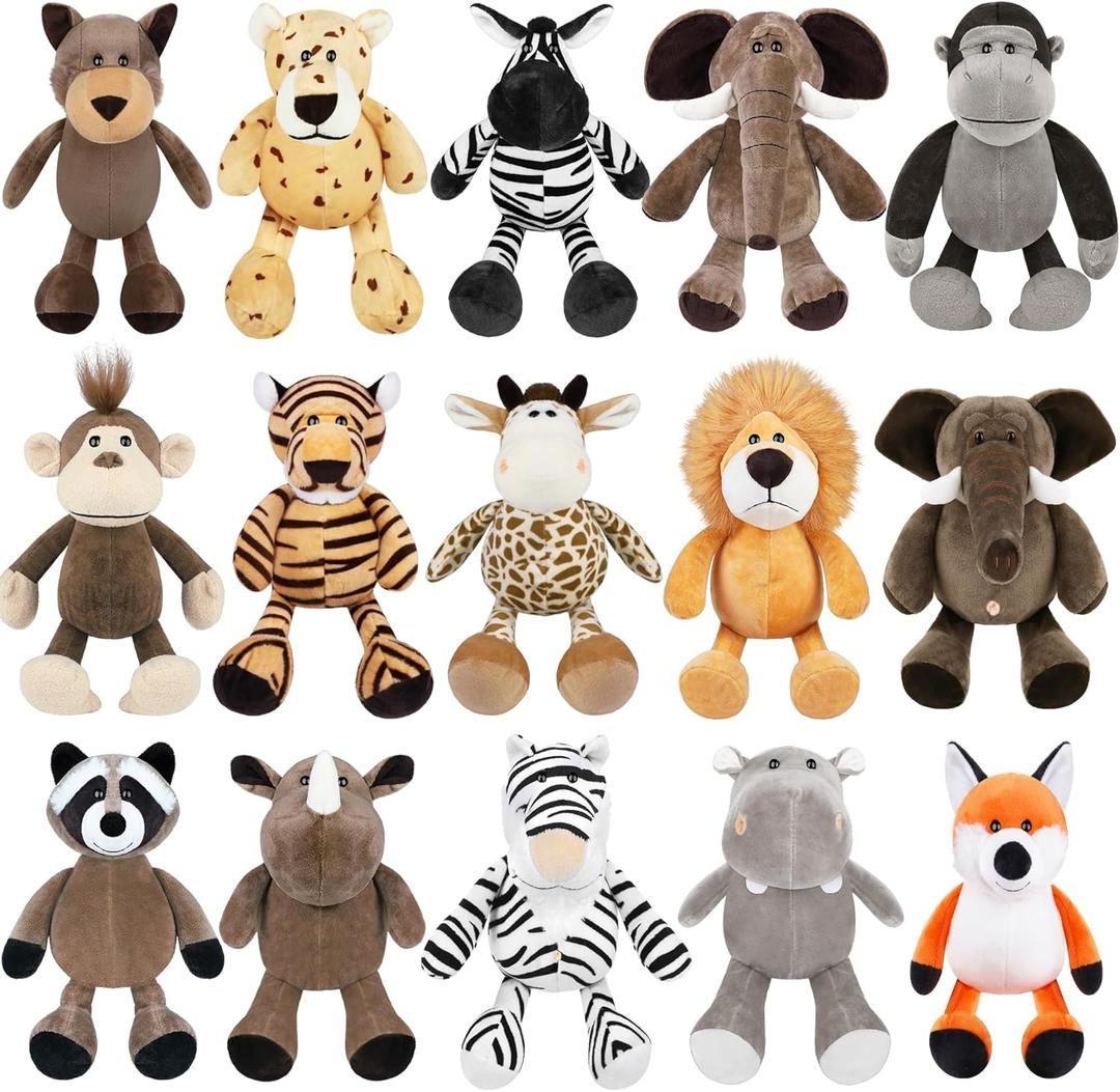 Elcoho 15 Pieces Safari Stuffed Animals Plush Toy 9.8 Inch Jungle Animals Stuffed Toys Cute Zoo Stuffed Animal Plushies Toys for Birthday Party Supplies Gifts Class Award