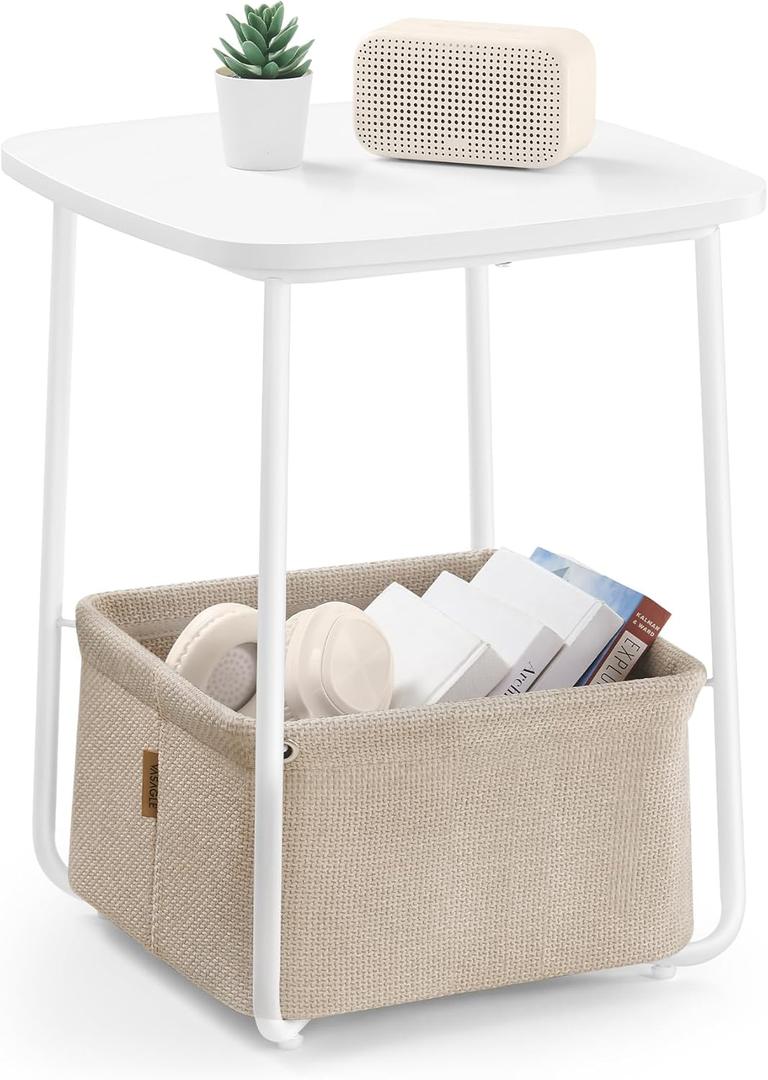 VASAGLE End Table, Side Table with Fabric Basket, Modern Nightstand, Square Bedside Table, for Living Room, Bedroom, Matte White and Camel Brown ULET229W10