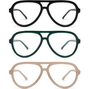 AMOMOMA 3 Pack Retro Oversized Aviator Reading Glasses for Women Men,Classic Large Reader Blue Light Computer Frame AM6111 (C1.black+c3.milky Green+c4.milky Brown)