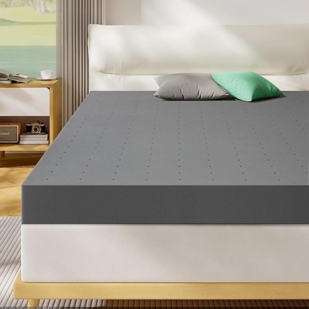 Queen Mattress Topper-Extra Firm 3 Inch High Density Foam Bed Topper with Ventilated Design for Extra Weight, Back Pain Relief-Charcoal Infusion,CertiPUR-US