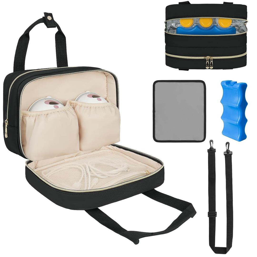 Breastmilk Cooler Travel Bag, Wearable Breast Pump Storage Bag Compatible with Momcozy/Eufy/Elvie/Willow/Medela Breast Pump with Ice Pack and Waterproof Mat,Black