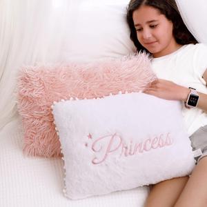 Perfectto Design Set of 2 Decorative Pillows for Toddler Kids Room. White Fluffy Princess Embroidered and Furry Pink Faux Fur Pillow. Soft and Plush Throw Pillows for Kids Bedroom Dcor