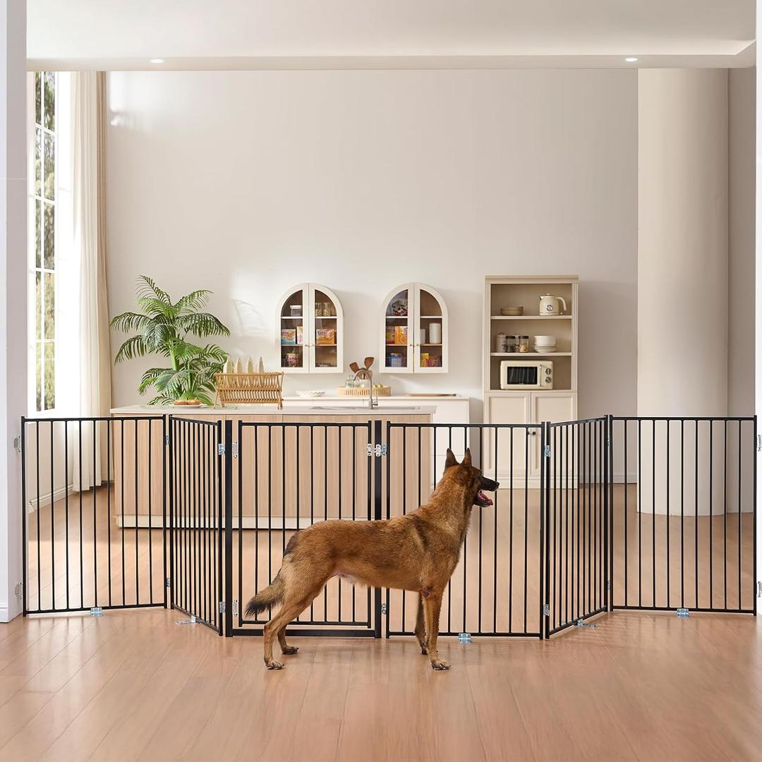 No Pawblems Free Standing Dog Gate with Door, 36'' Tall Foldable Dog Fence for Indoor & Outdoor, Up to 156 Inch Extra Wide Puppy Gate for Stairs, Hallways, Doorways, Deck, Yard (Black, 6 Panels)