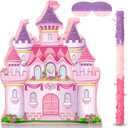 Princess Castle Piata Bundle Girl Princess Party Piata Set Include Pink Castle Piata stick and Blindfold Mask for Princess Theme Birthday Party Supplies Decor, 16.1 x 13.4 x 3.2 Inch