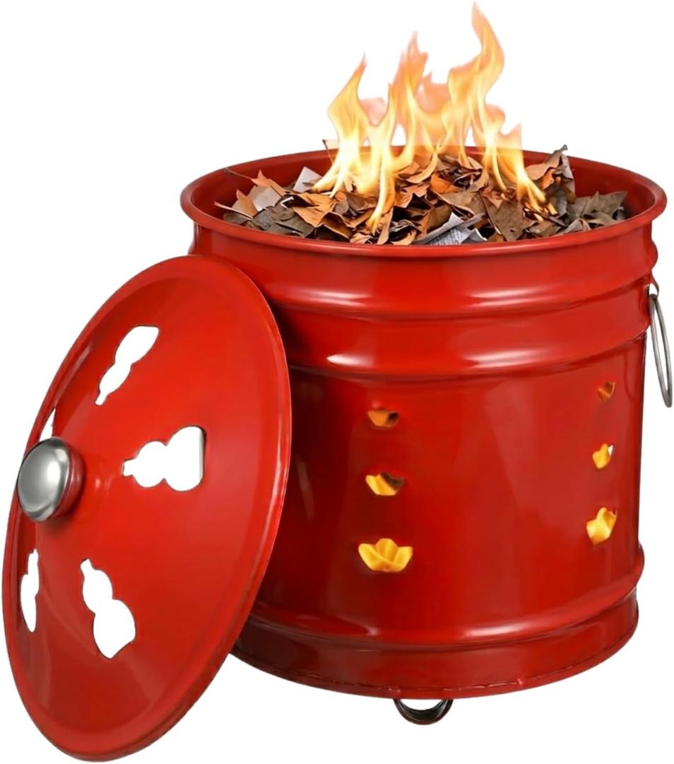 Vibrant Red Burn Cage for Outdoor - 9.5" Portable Metal Incinerator Barrel with Lid & Handle - Decorative Heart-Pattern Hollow Burn Barrel for Trash, Paper, Leaves - Heat-Resistant Tabletop Fire Pit