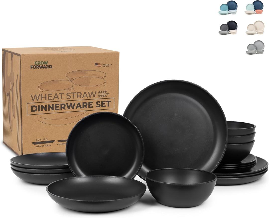 Grow Forward 16-piece Premium Wheat Straw Dinnerware Sets for 4 - Unbreakable Dishwasher & Microwave Safe Plastic Plates and Bowls Sets - Patio, Outdoors, RV, Camping Dishes - Midnight