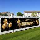Happy Birthday Long Banner 118x20 Inch Black Gold Crown Theme Party Backdrops Decoration Balloons Confetti Polyester Fabric Large Event Supplies For Girls or boys gifts