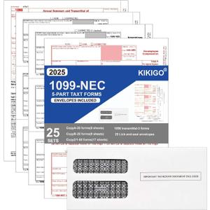 1099 NEC Tax Forms 2025 with 25 Lick-and-Seal Envelopes, 4 Part Tax Forms Kit, Compatible with QuickBooks and Accounting Software