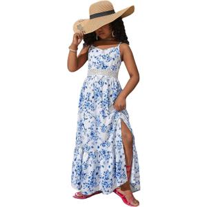 BEAUDRM Girl's Tropical Print Cami Dress Boho Tiered Spaghetti Strap Split Thigh Vacation Flowy Long Dresses (Blue, M)