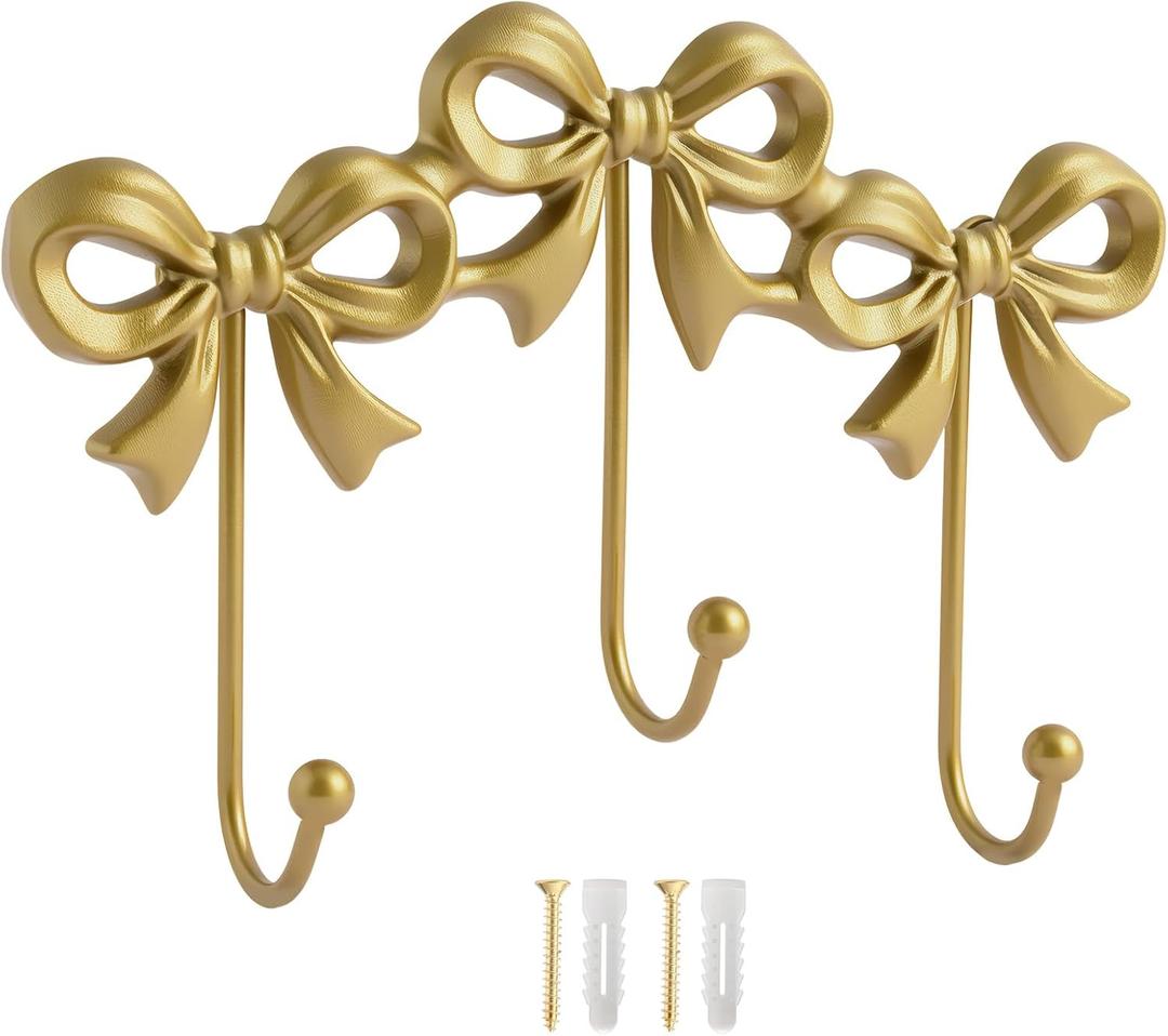 Gold Bow Hooks Coat Rack, Wall Mount Coat Hook, Bow Room Wall Decorations, Wall Hook for Hanging Coat, Hat, Jacket