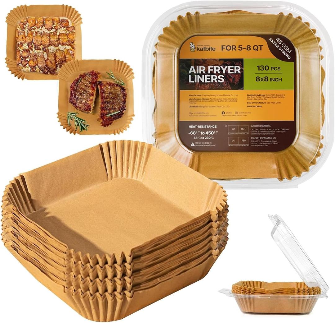 Katbite Air Fryer Liners Disposable - 8 inch Square Non-Stick Airfryer Paper Liners, Unbleached Parchment Paper for 5 to 8 Qt Basket, Frying, Baking, Cooking, Roasting, Easy Cleanup, 130pcs