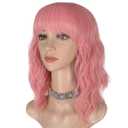morvally Short Pink Wavy Bob Wig with Bangs for Women 16 Inches Natural Synthetic Hair Wavy Wigs