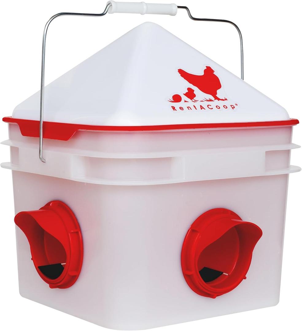 RentACoop Chick2Chicken 10lb BPA-Free 4-Port Feeder - Includes Anti-Roost Cone, Slider Port Cover, and Lid - Suitable for up to 20 Chicks & 12 Adult Chickens