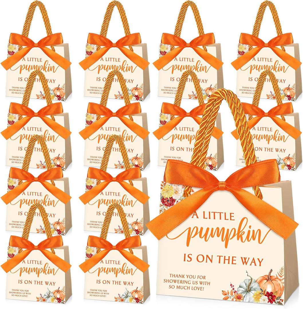 Kolldenn 25 Set Little Pumpkin Gift Bags Bulk a Little Pumpkin Is on The Way Baby Shower Goodies Bags with Handles and Bow Ribbon for Fall Baby Shower Gender Reveal Party Favors
