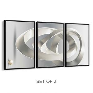 Modern 3-Piece Abstract Geometric Framed Canvas Wall Art Set (16" x 24" x 3 Panels) – Grey, White & Gold Sphere Swirl