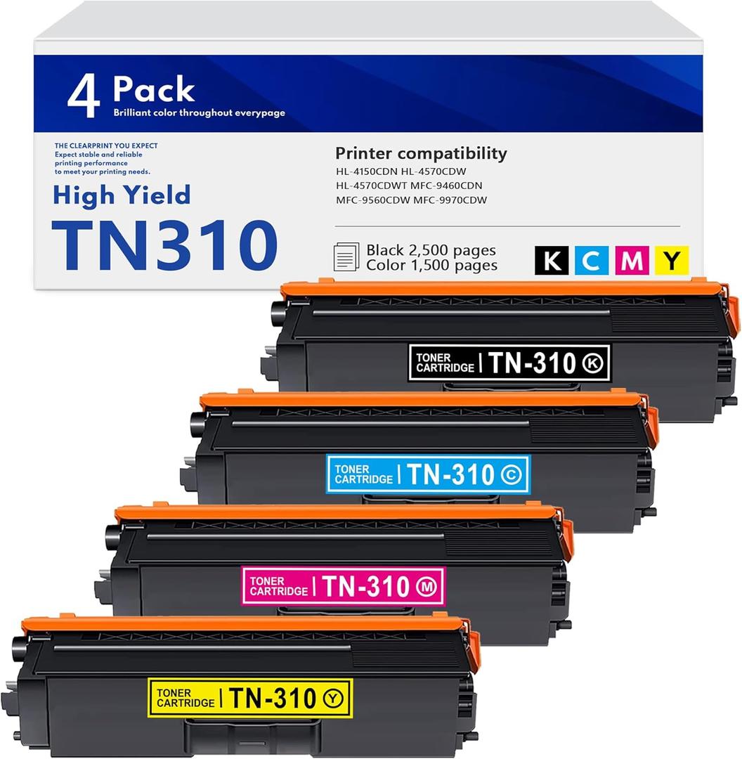 TN-310 Toner Cartridge Set Replacement for Brother TN336 TN310 TN315 TN331 (KCMY, 4-Pack) Works for HL-4150CDN HL-4570CDW MFC-9460CDN MFC-9560CDW MFC-9970CDW Printer