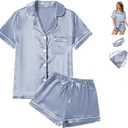 WJing Yi Jia 4Pcs Womens Satin Silky Pajama Sets Short Sleeve Shirt XS-4XL Floral Pajamas Set Soft PJ Loungewear Sleepwear (M)