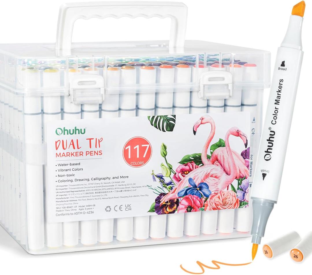 Ohuhu Markers for Adult Coloring Books No Bleeding 116 Colors Water-based Drawing Pens Dual Tips Chisel & Brush Art Markers Brush Pens for Kids Adults Beginners Lettering Journaling