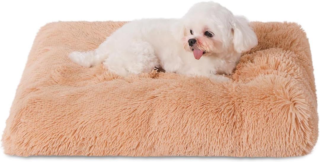 Bedfolks Plush Waterproof Dog Crate Bed, Removable Washable Cover, Faux Fur, Fluffy Kennel Bed 23"x18", Camel