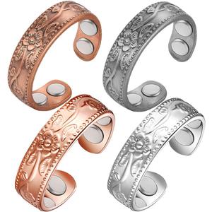 4PCS Copper Rings for Women Pure Copper Magnetic Ring Strong Magnets Adjustable (Copper+Rose, Grey+Silver)
